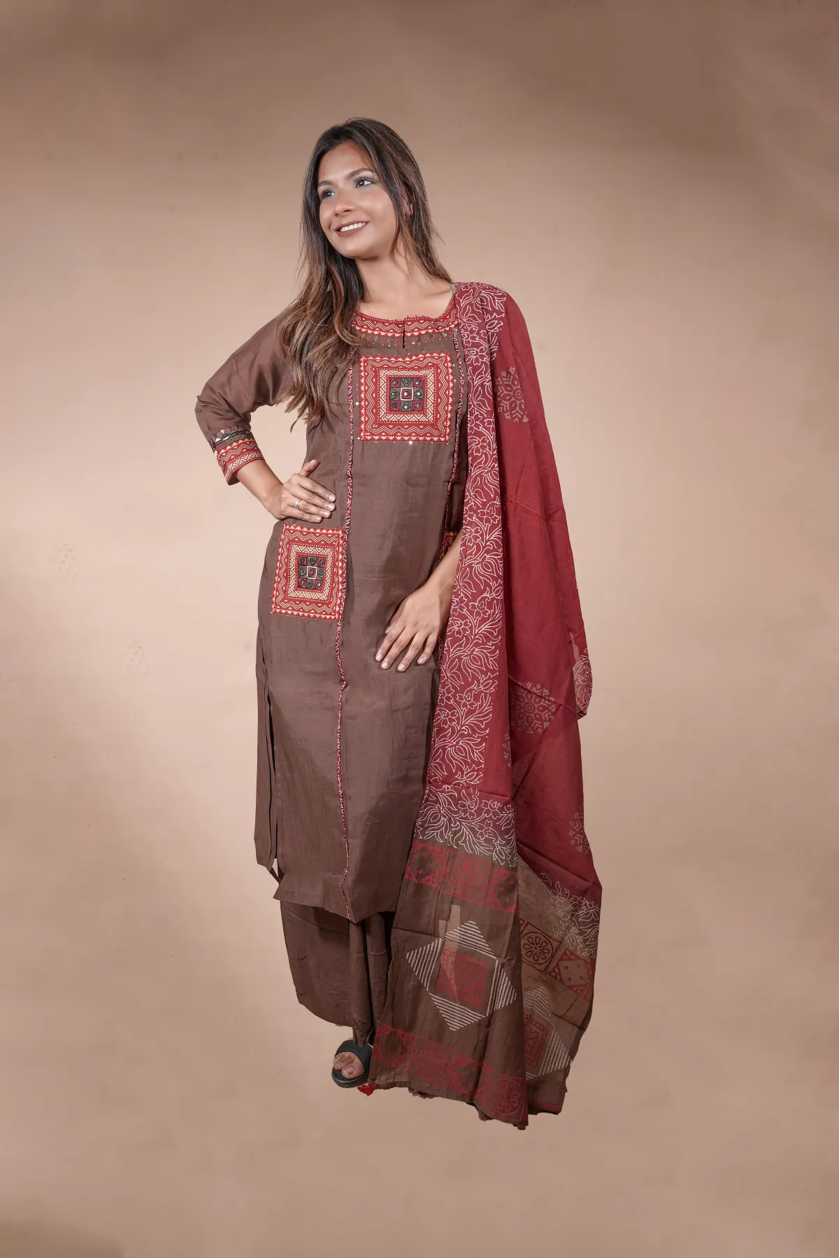 Brown Ajrakh Patchwork Silk Suit Set