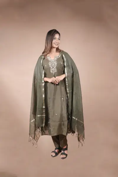 Olive Green Hand-Embroidered Silk Suit Set